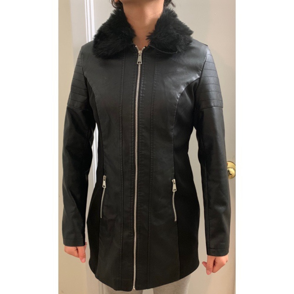 Faux leather jacket with faux fur collar
